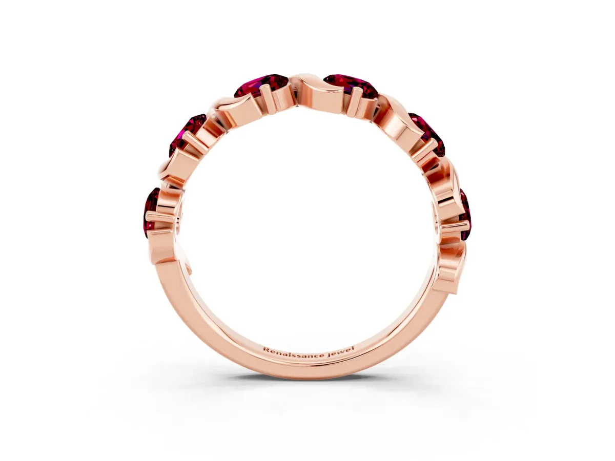 Round Garnet Half Eternity Band with Wave Prong Setting Rose gold