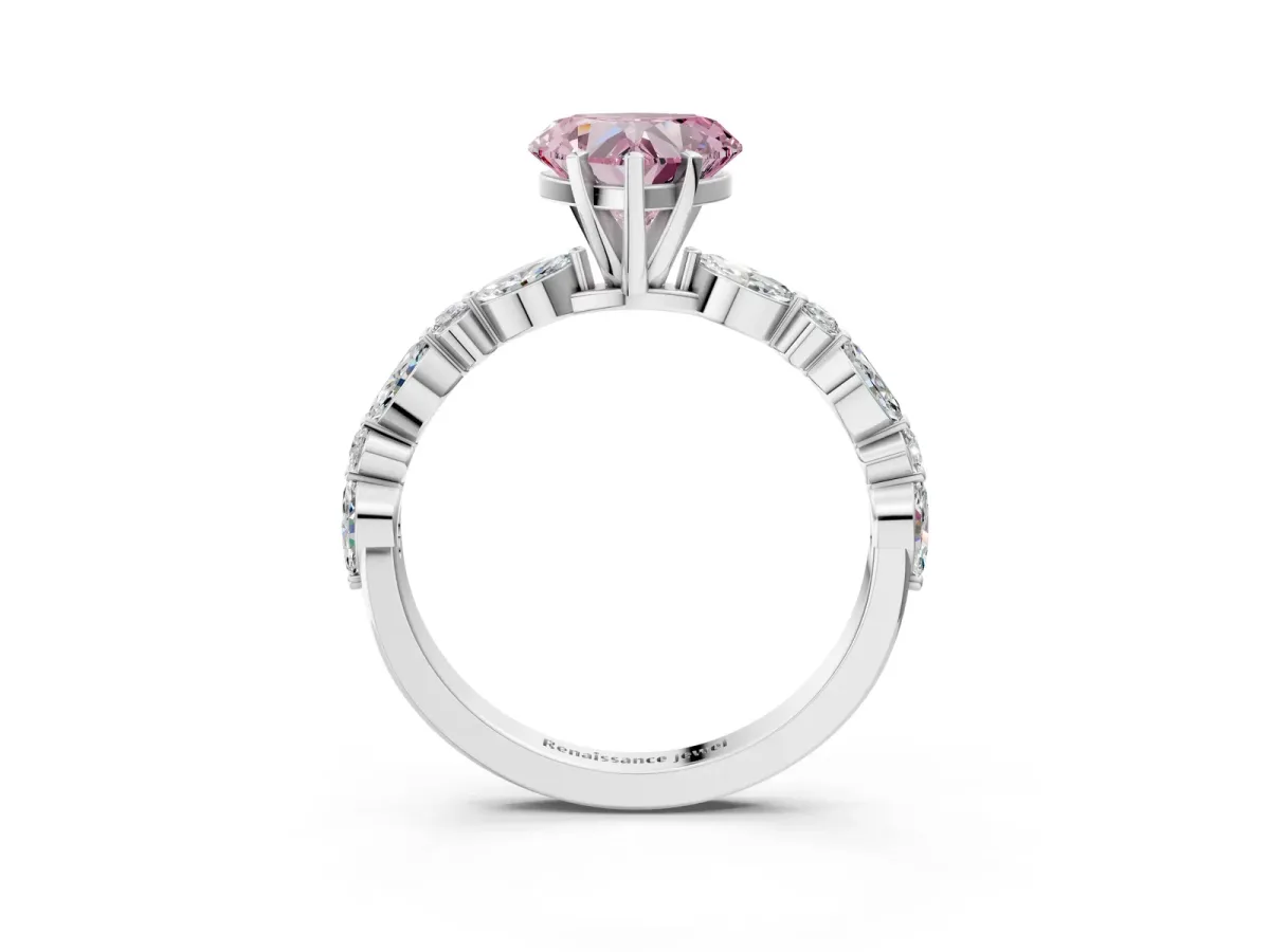 Fancy Pink Heart Cut Diamond Ring with Marquise and Round Side Stones and Four-Prong Setting Silver