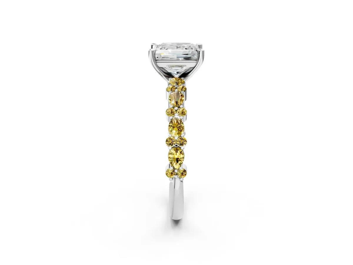 Princess Cut Diamond Side Stone Solitaire Ring with Round Yellow Sapphire and Four-Prong Setting Platinum