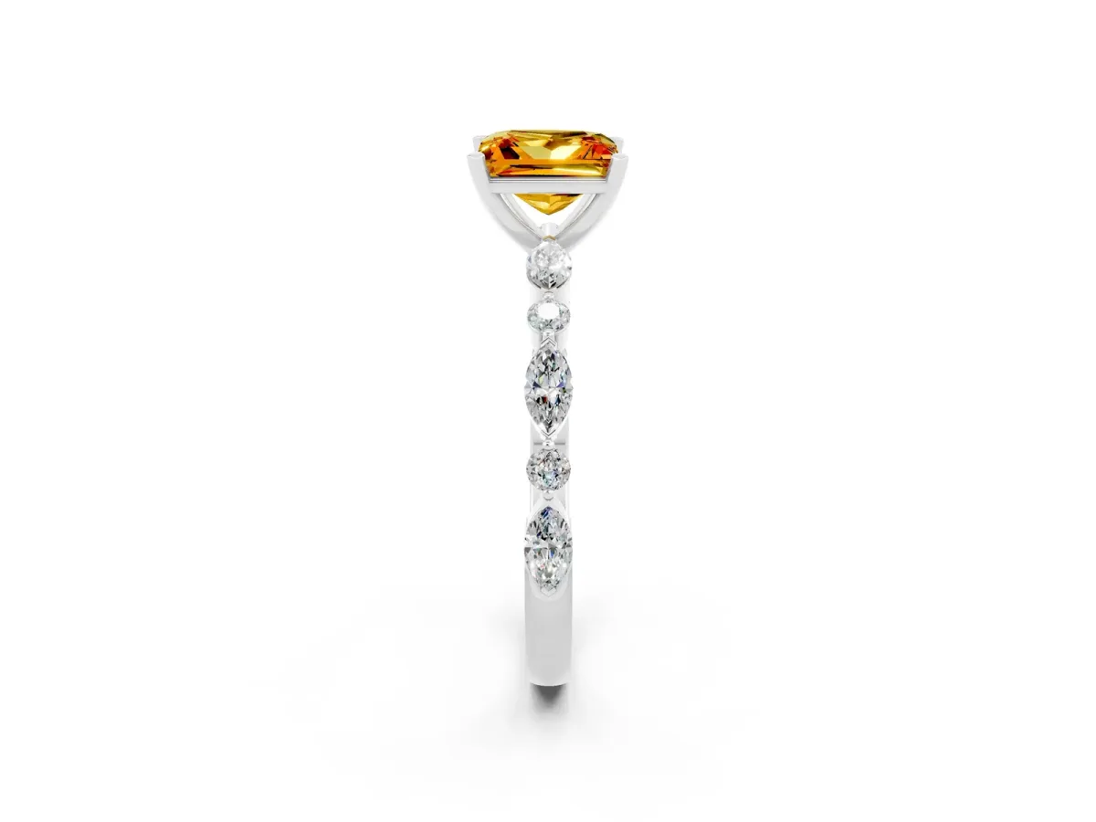 Princess Cut Citrine Ring with Marquise and Round Side Stones and Four-Prong Setting Platinum