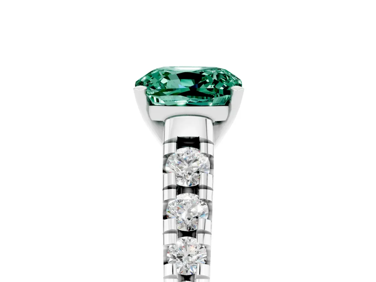 Cushion Cut Green Sapphire Cathedral Solitaire Ring with Round Pavé Band Silver