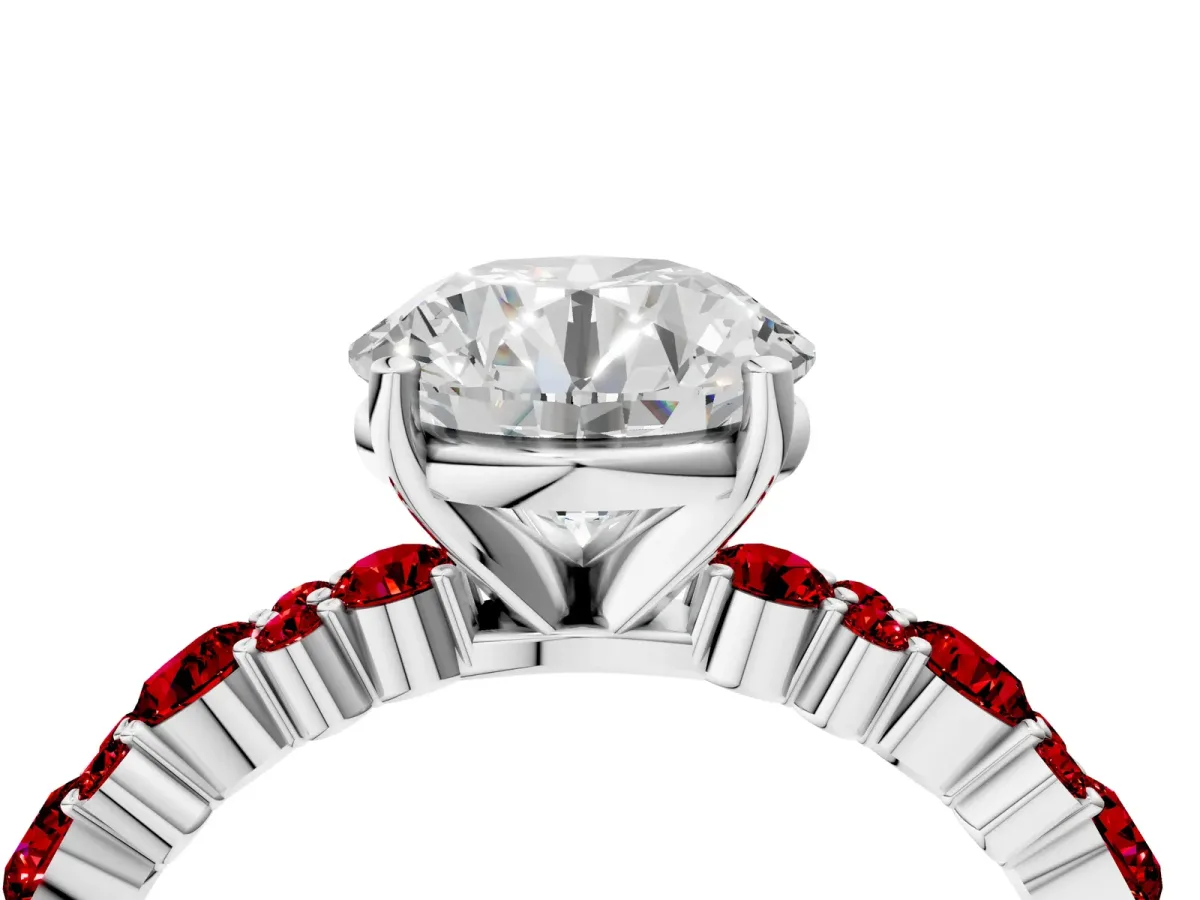 Round Cut Diamond Side Stone Solitaire Ring with Round Ruby and Four-Prong Setting Platinum