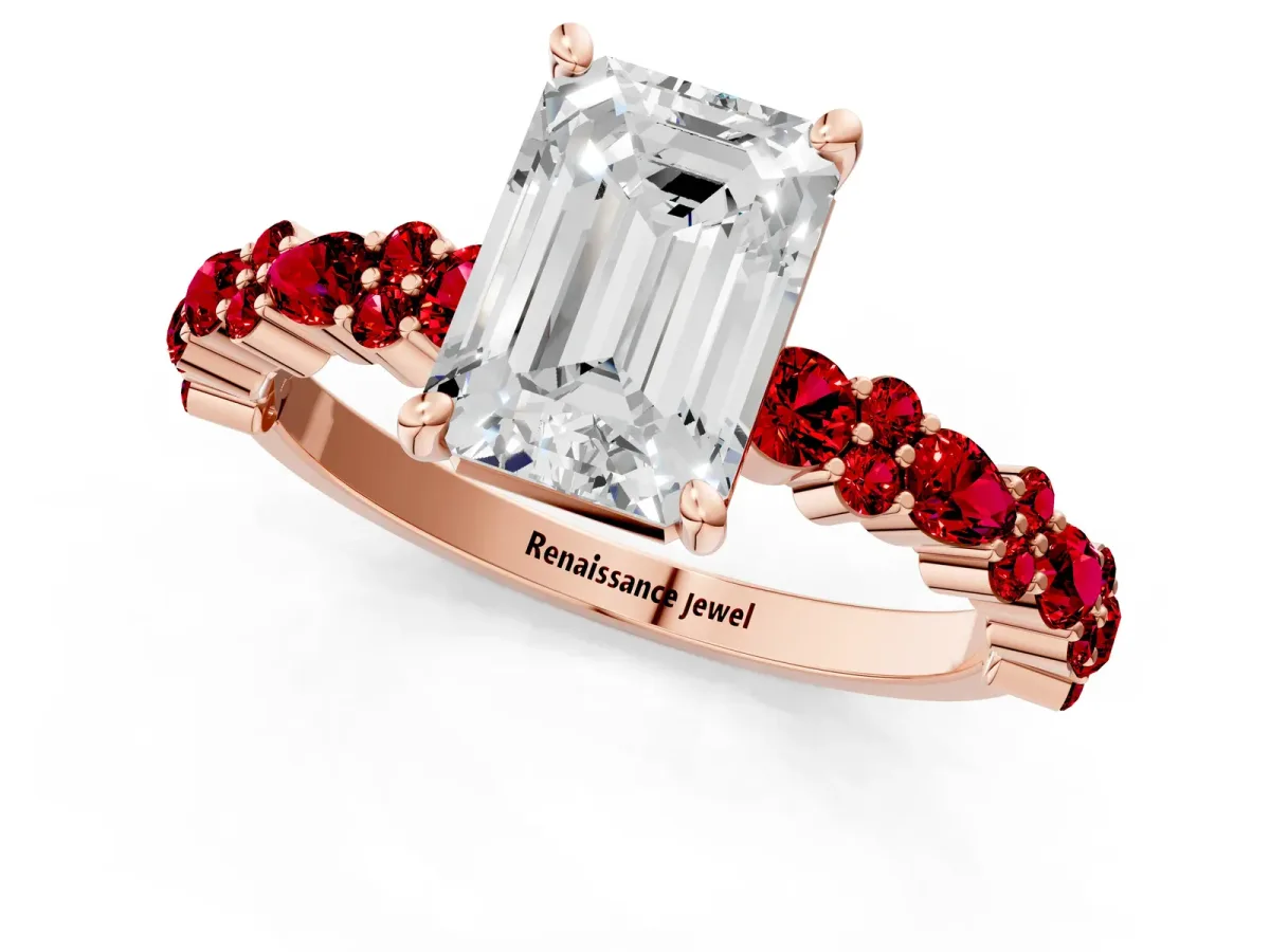 Emerald Cut Diamond Side Stone Solitaire Ring with Round Ruby and Four-Prong Setting Rose gold