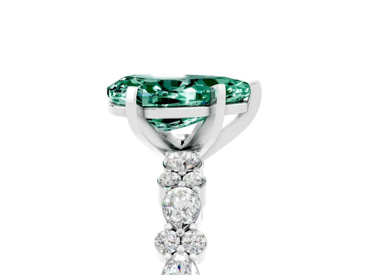 Pear Cut Green Sapphire Side Stone Solitaire Ring with Round and Four-Prong Setting White gold