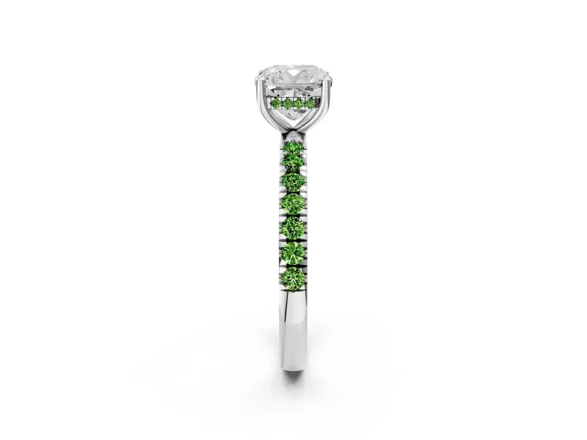 Cushion Cut Diamond Pave Band Solitaire Ring with Round Peridot and Prong Setting White gold