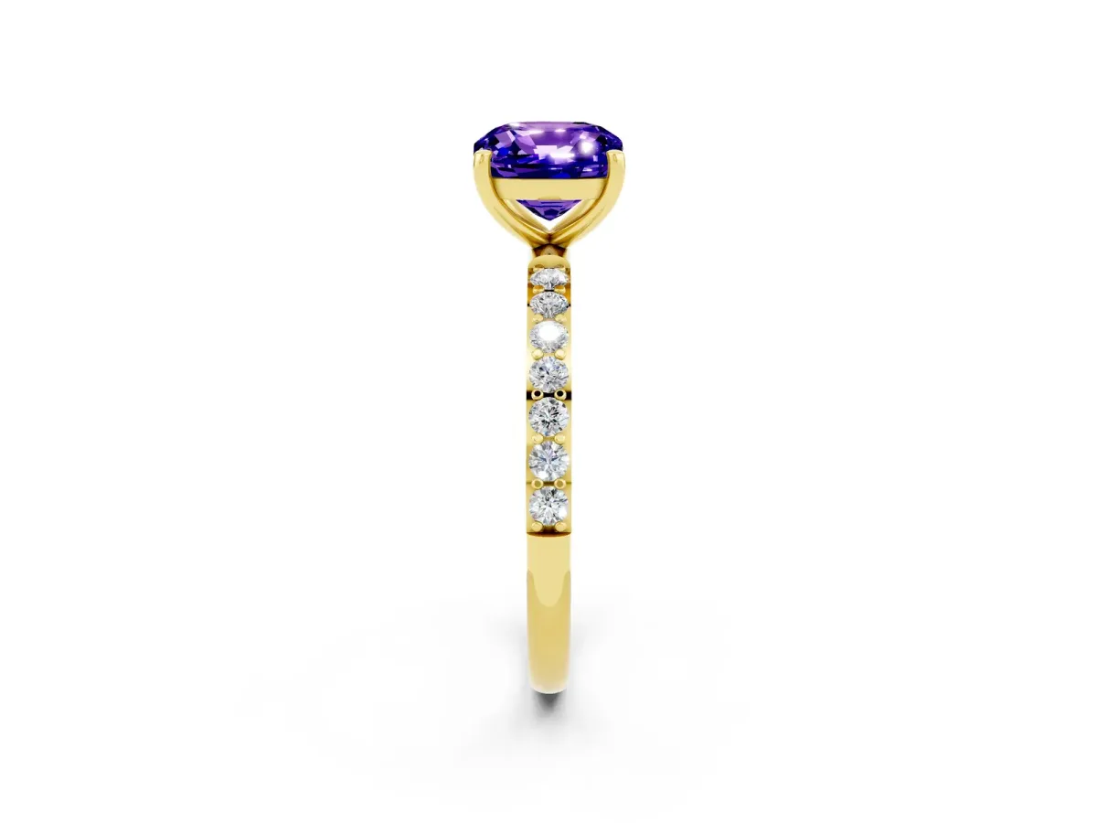 Cushion Cut Tanzanite Solitaire Ring with Round Pavé Band and Prong Setting Yellow gold