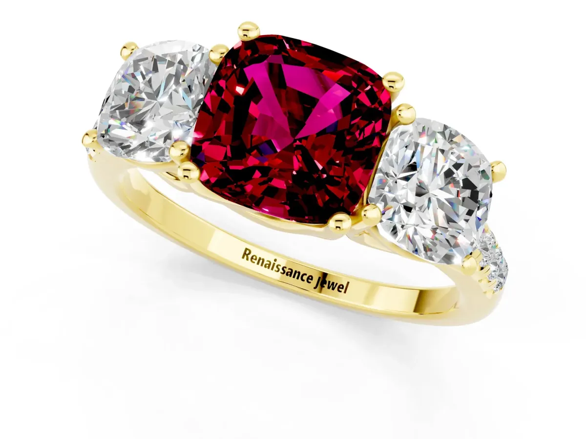 Three-Stone Cushion Cut Garnet Ring with Round Pavé Band and Prong Setting Yellow gold