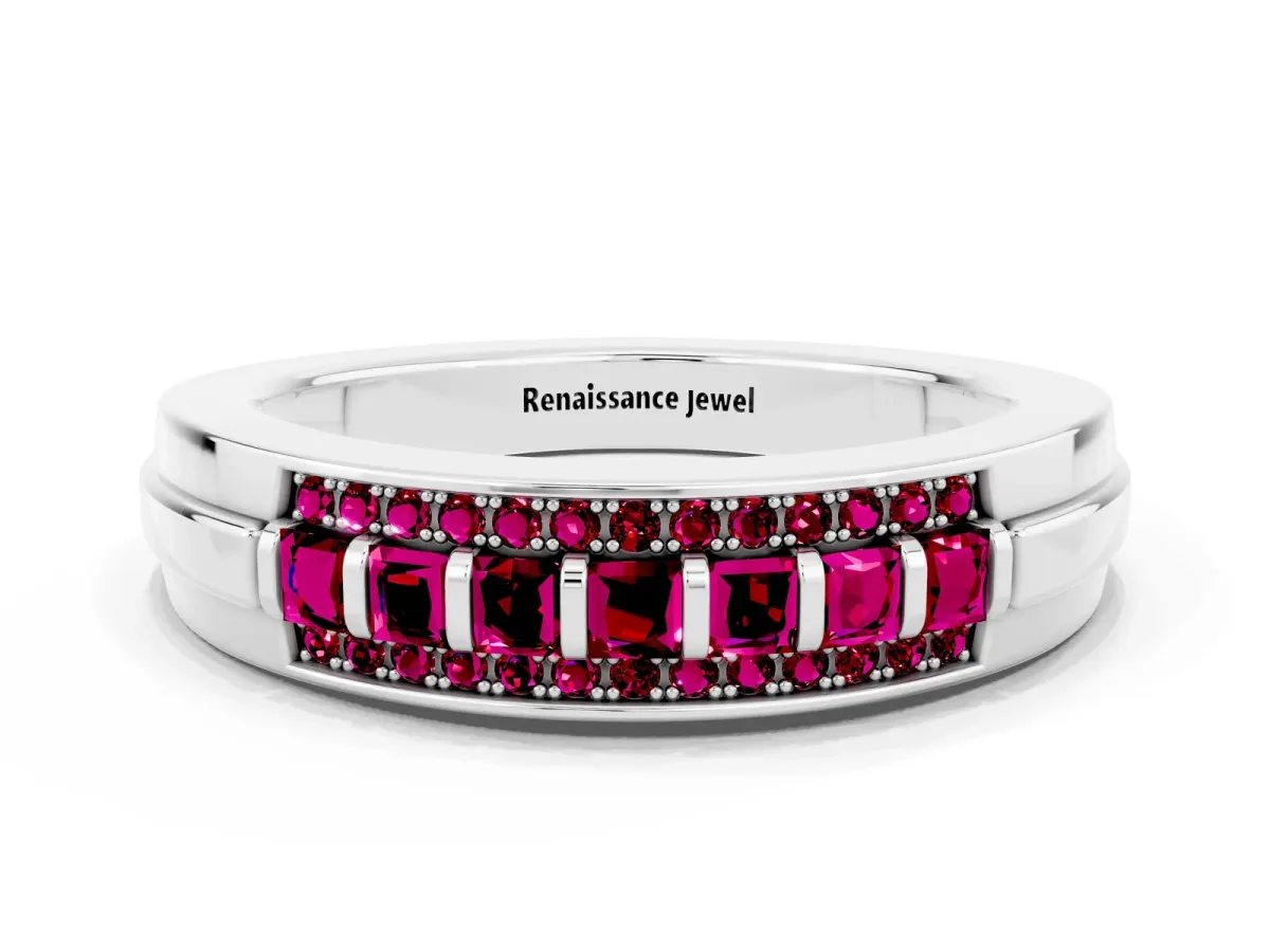 Bar-Set Princess Cut Garnet Pavé Band White gold