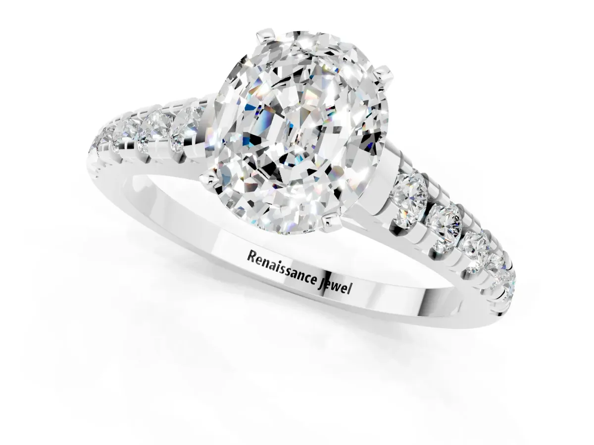 Oval Cut Moissanite Cathedral Solitaire Ring with Round Pavé Band Platinum