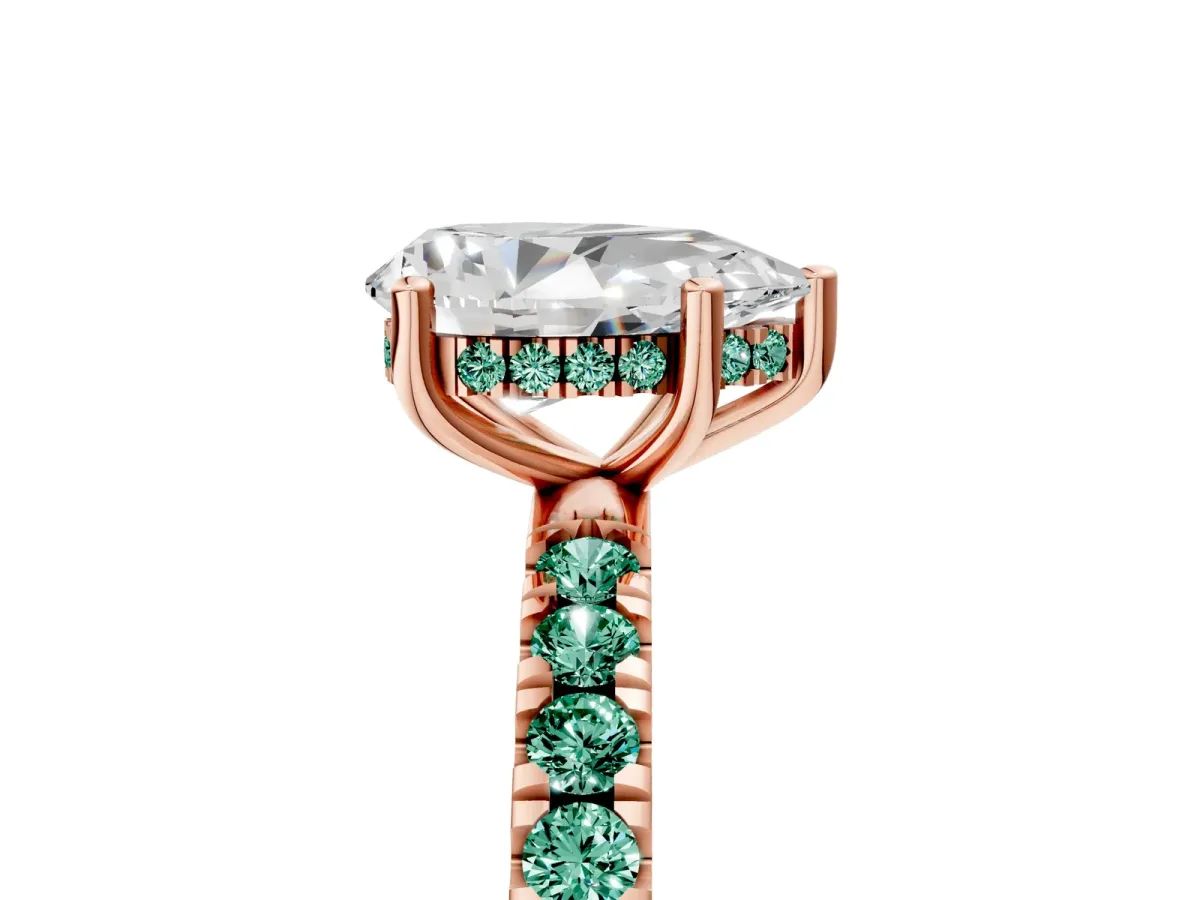 Pear Cut Diamond Pave Band Solitaire Ring with Round Green Sapphire and Prong Setting Rose gold
