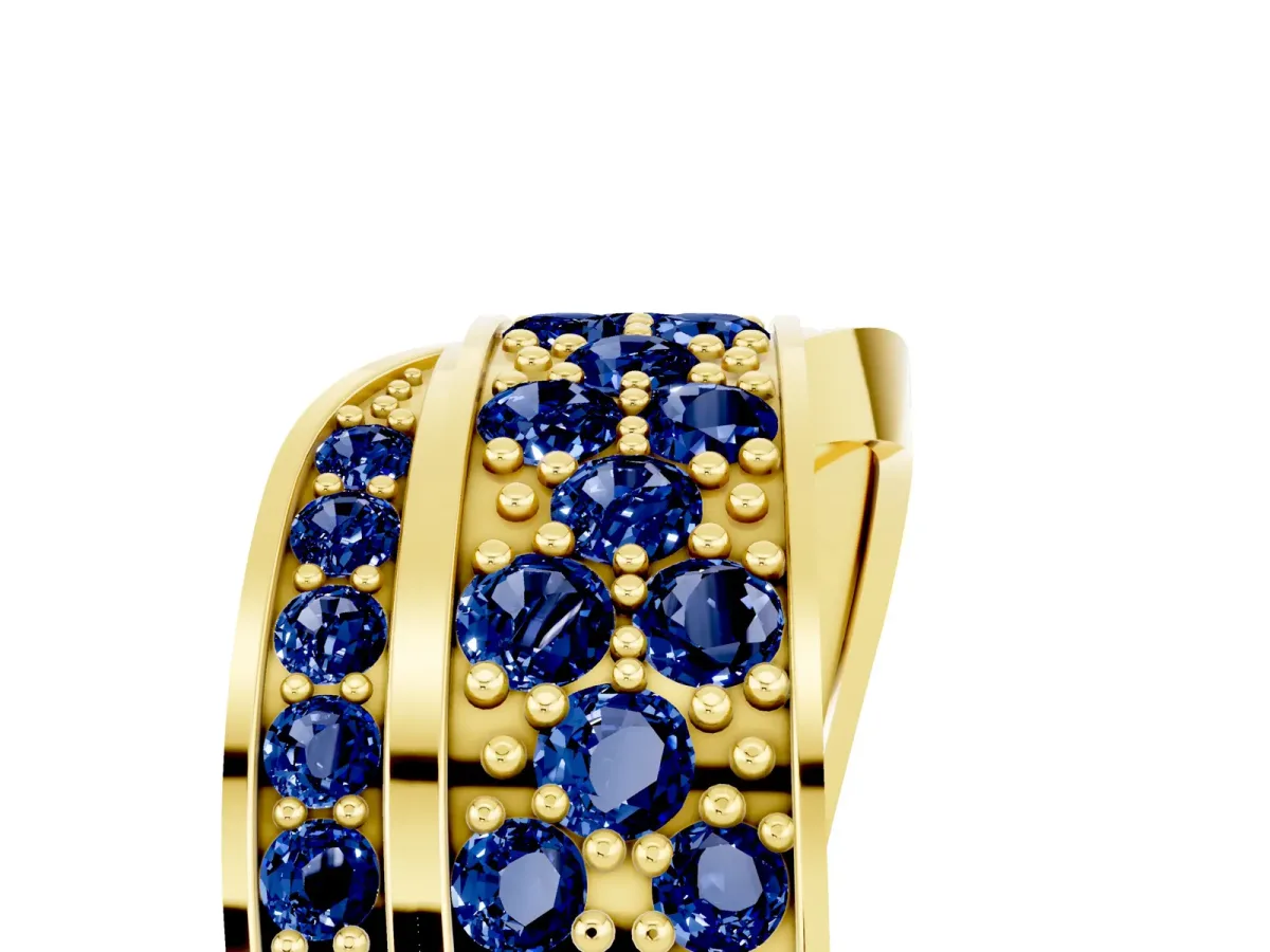 Pavé Round Blue Sapphire Crossover Band with Bead Prong Setting Yellow gold
