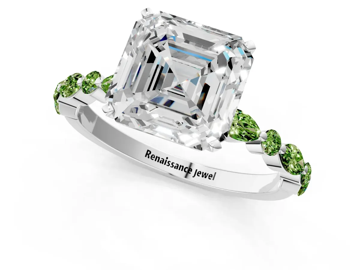 Asscher Cut Diamond Ring with Marquise and Round Peridot Side Stones and Four-Prong Setting Platinum