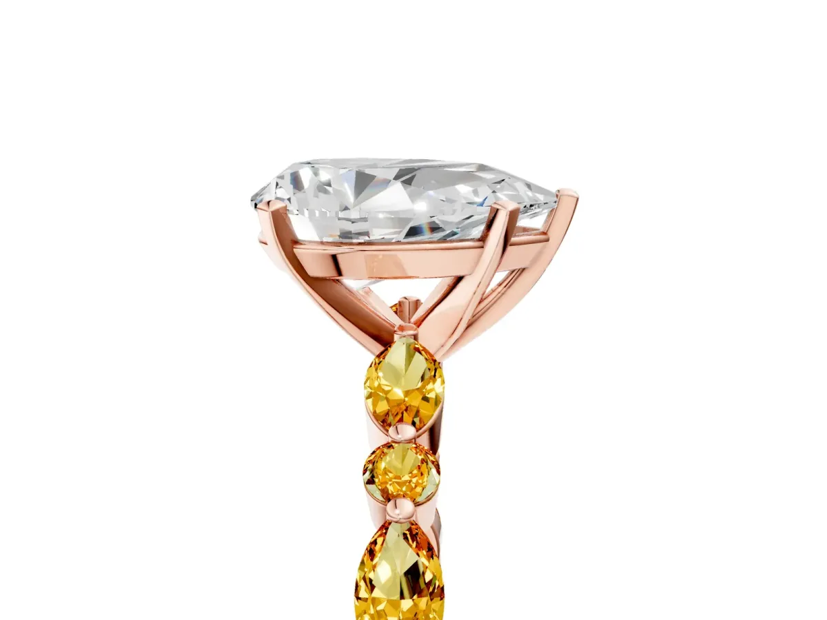 Pear Cut Diamond Ring with Marquise and Round Citrine Side Stones and Four-Prong Setting Rose gold