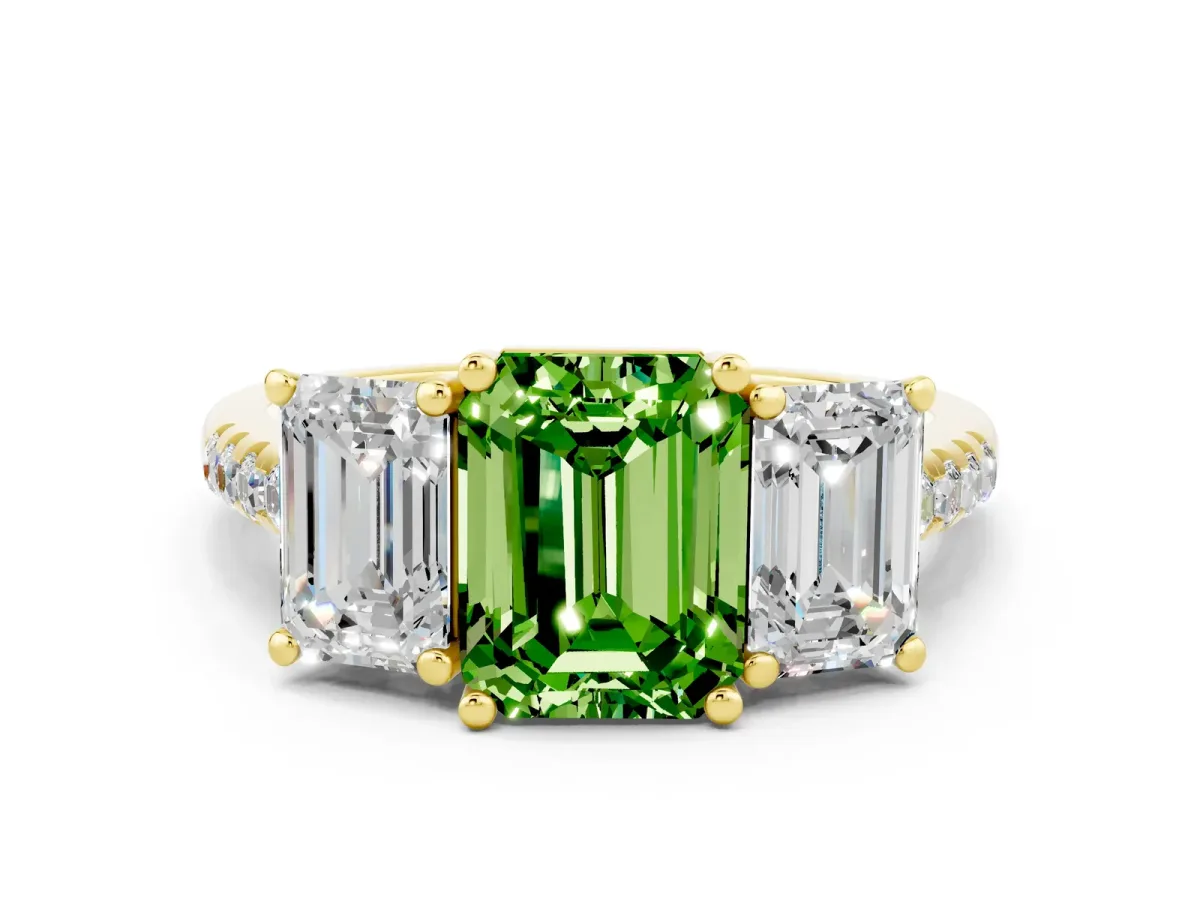 Three-Stone Emerald Cut Peridot Ring with Round Pavé Band and Prong Setting Yellow gold