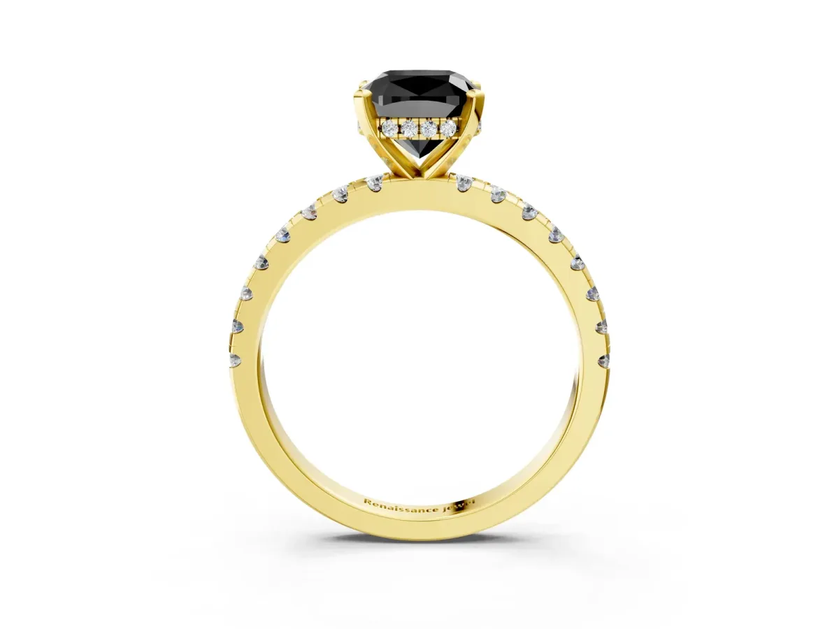 Fancy Black Cushion Cut Diamond Solitaire Ring with Round Pavé Band and Four-Prong Setting Yellow gold