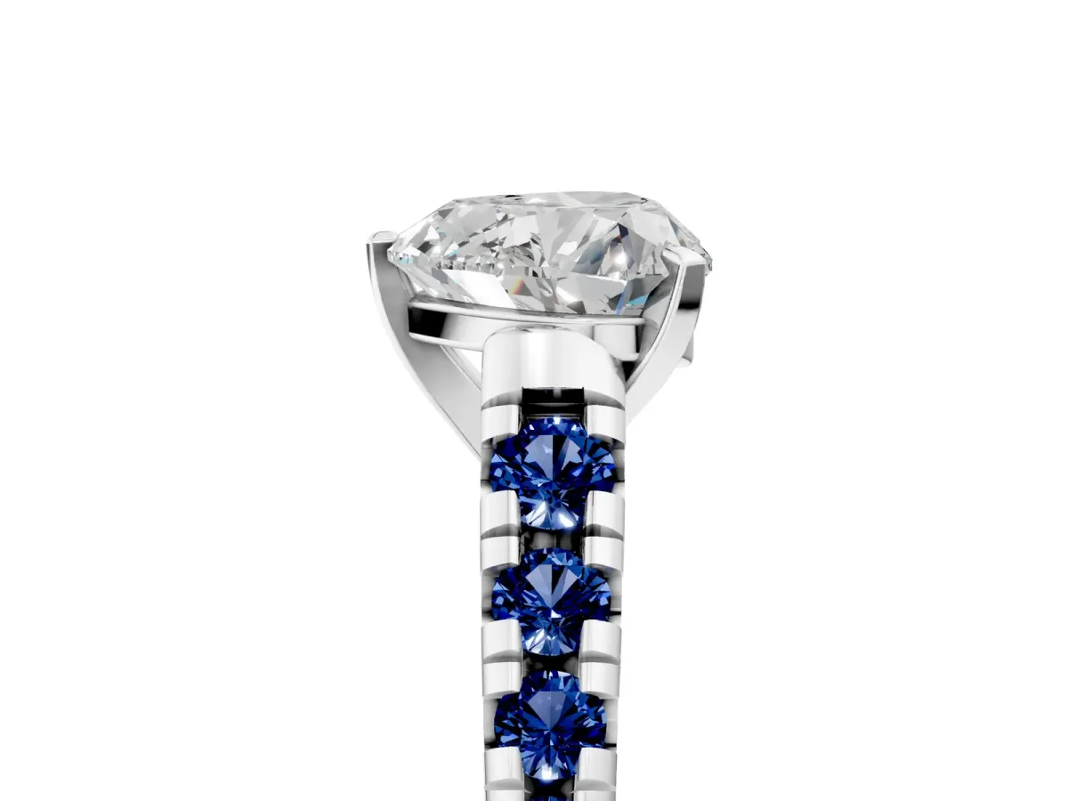 Heart Cut Diamond Cathedral Solitaire Ring with Round Blue Sapphire Pavé Band Platinum