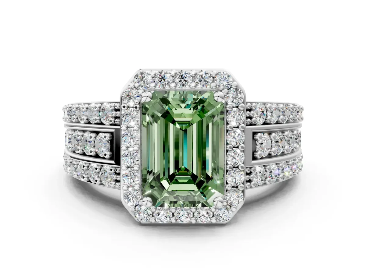 Fancy Green Emerald Cut Halo Diamond Ring with Round Split Shank and Prong Setting White gold