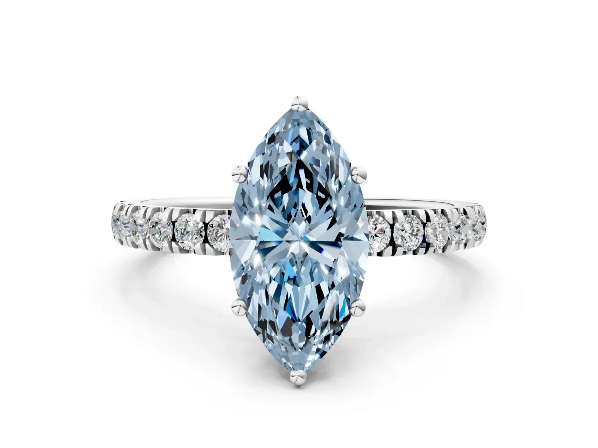 Fancy Blue Marquise Cut Diamond Pave Band Solitaire Ring with Round and Prong Setting Silver