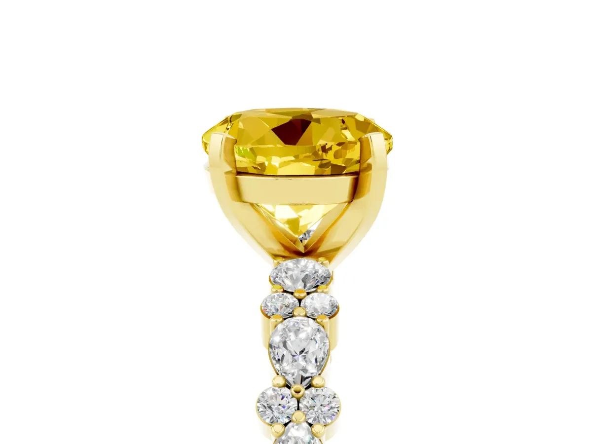 Round Cut Yellow Sapphire Side Stone Solitaire Ring with Round and Four-Prong Setting Yellow gold