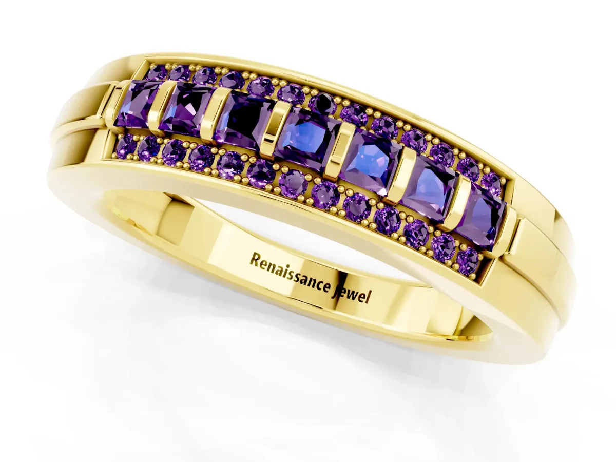 Bar-Set Princess Cut Amethyst Pavé Band Yellow gold