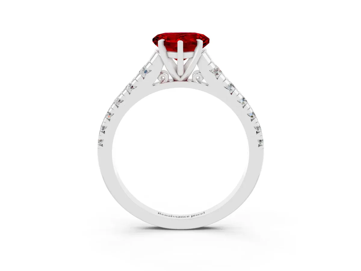 Heart Cut Ruby Cathedral Solitaire Ring with Round Pavé Band Silver