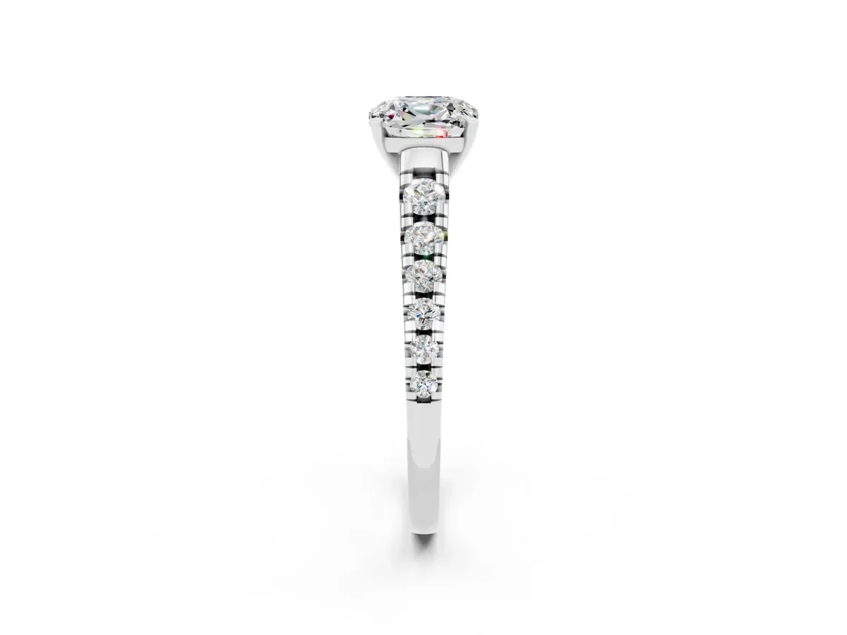 Cushion Cut Moissanite Cathedral Solitaire Ring with Round Pavé Band Silver