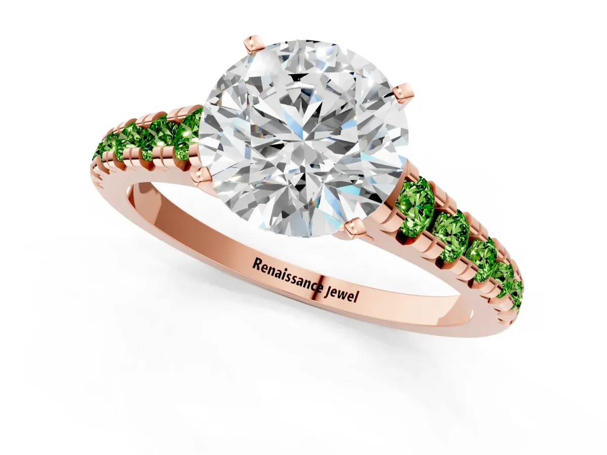 Round Cut Diamond Cathedral Solitaire Ring with Round Peridot Pavé Band Rose gold