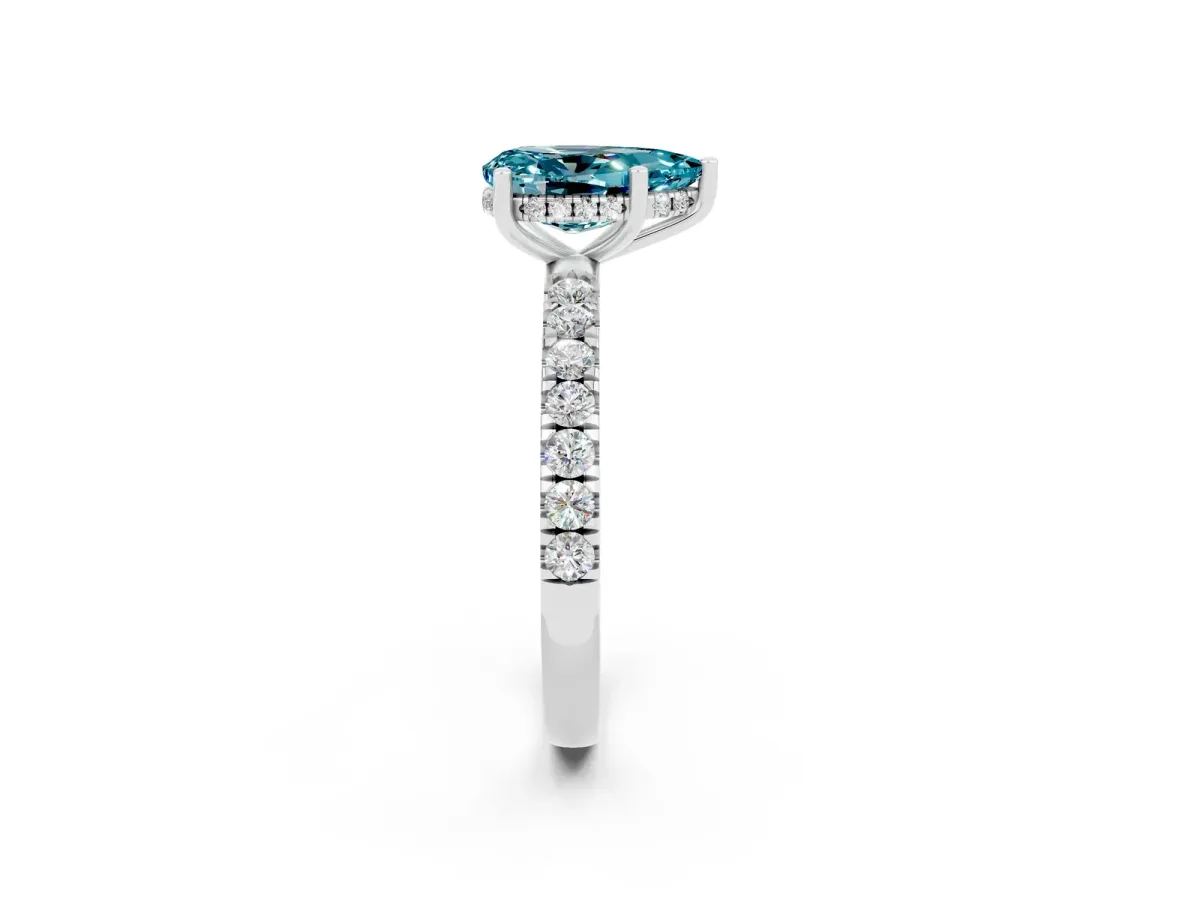 Pear Cut Blue Topaz Pave Band Solitaire Ring with Round and Prong Setting White gold