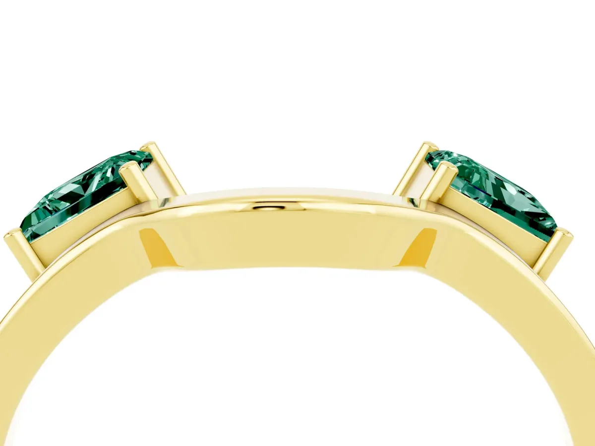 Princess Cut Green Sapphire Two-Stone Open Band Ring with Four-Prong Setting Yellow gold