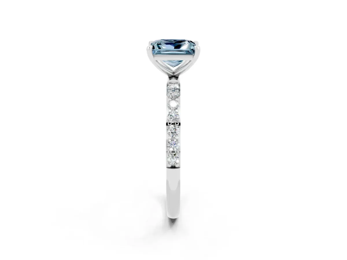 Princess Cut Aquamarine Solitaire Ring with Round Pavé Band and Prong Setting Silver