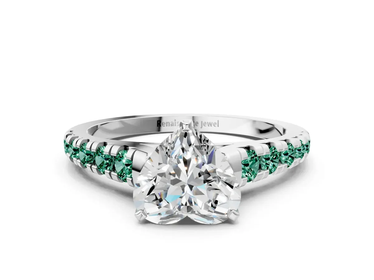 Heart Cut Diamond Cathedral Solitaire Ring with Round Green Sapphire Pavé Band Silver