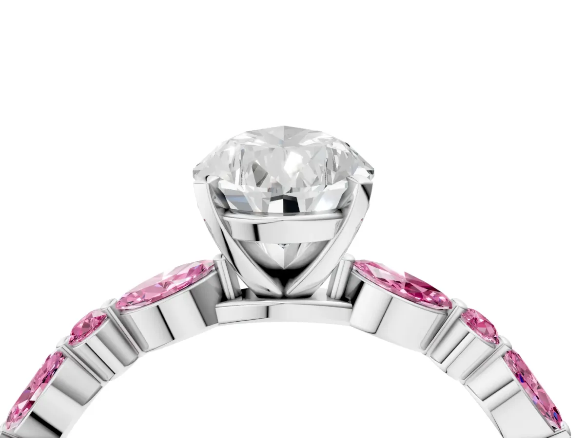 Pear Cut Diamond Ring with Marquise and Round Pink Sapphire Side Stones and Four-Prong Setting Silver