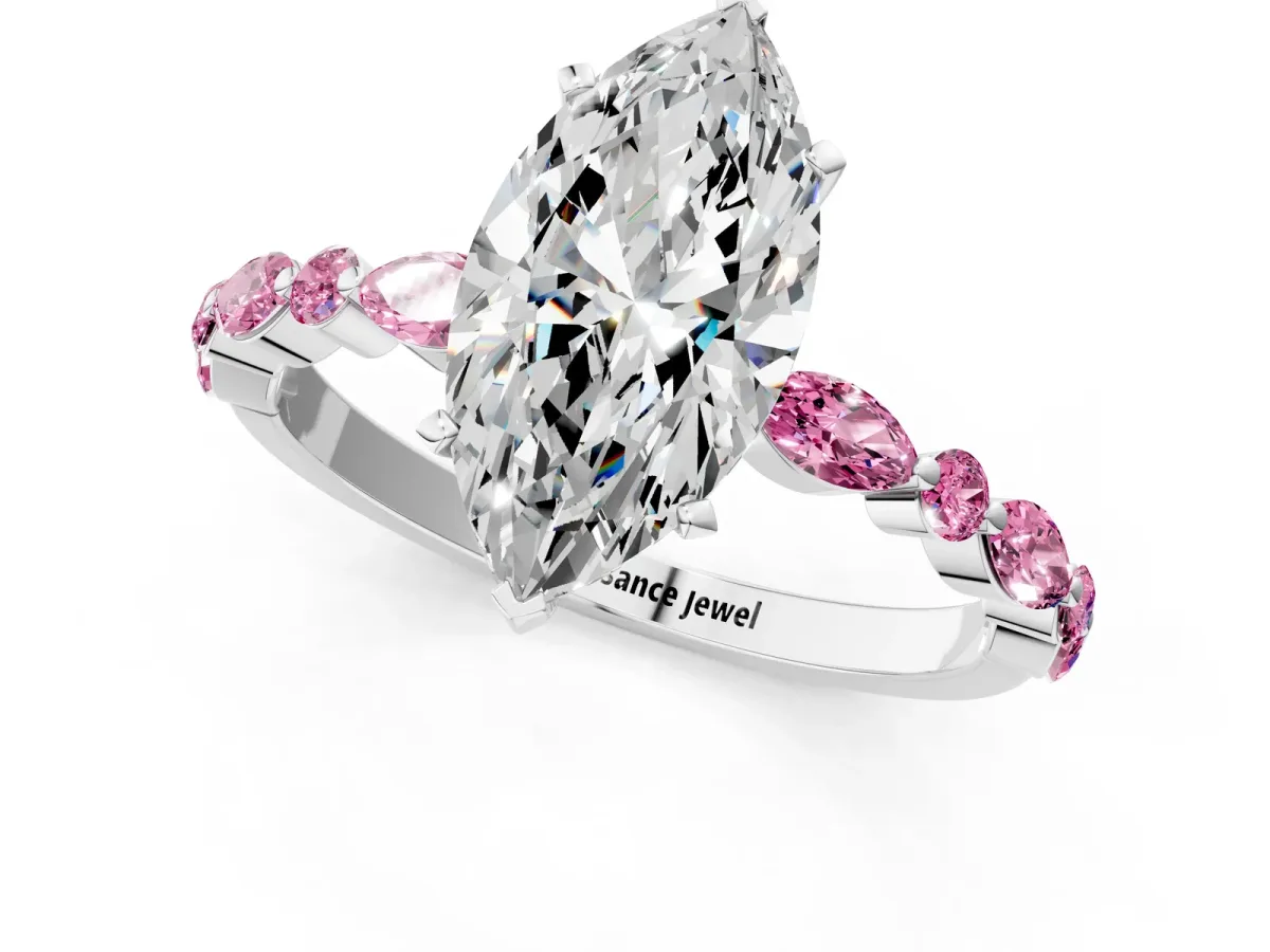 Marquise Cut Diamond Ring with Marquise and Round Pink Sapphire Side Stones and Four-Prong Setting Silver