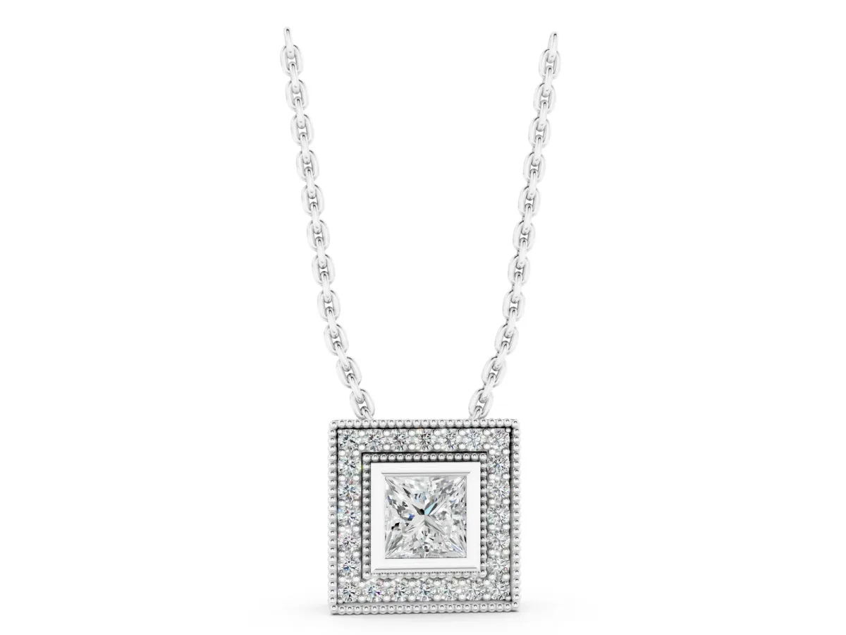 Square Halo Princess Cut Pendant with Bezel Setting Silver