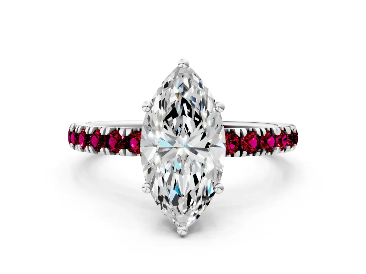 Marquise Cut Diamond Pave Band Solitaire Ring with Round Garnet and Prong Setting White gold