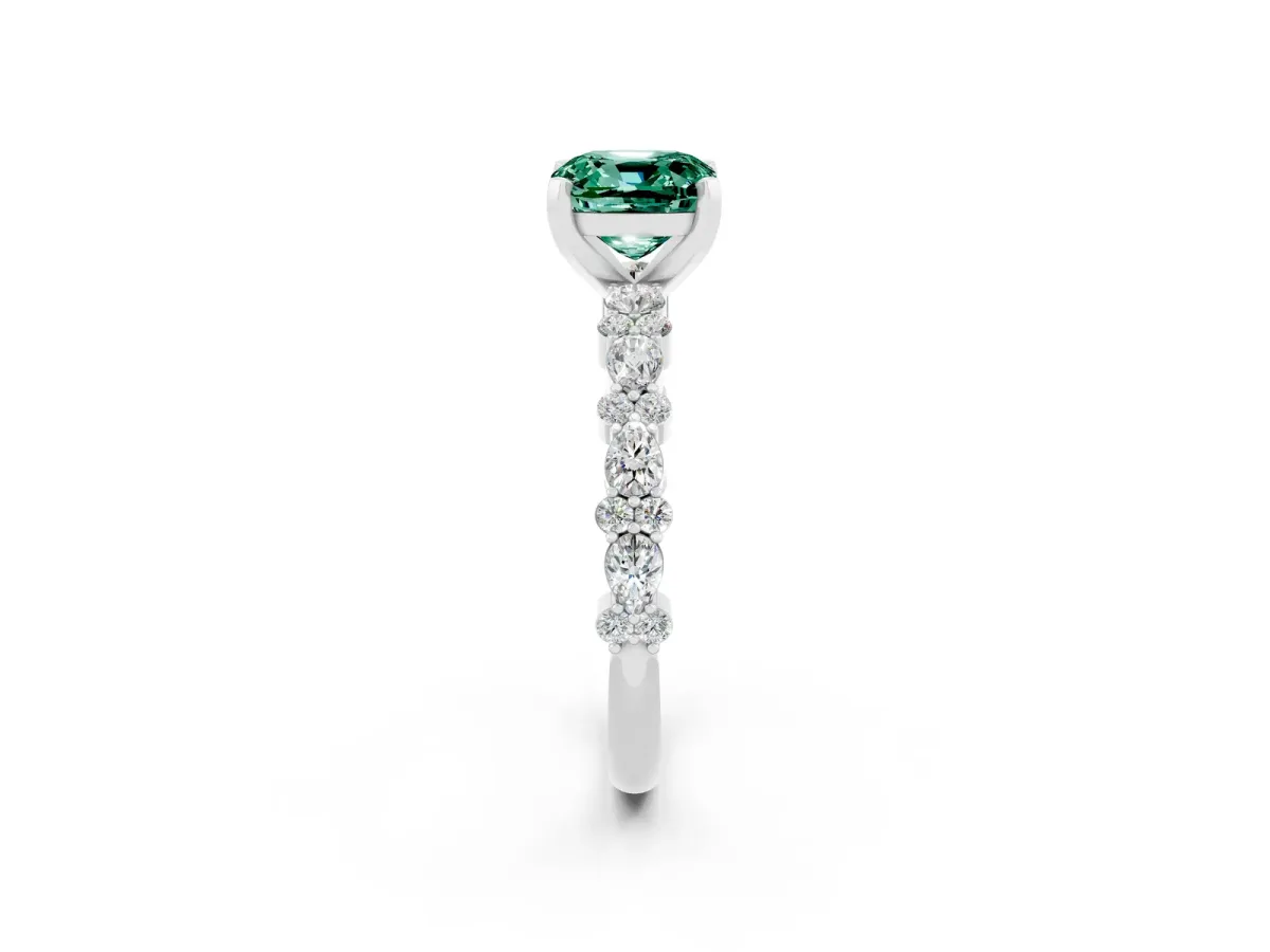 Cushion Cut Green Sapphire Side Stone Solitaire Ring with Round and Four-Prong Setting Platinum