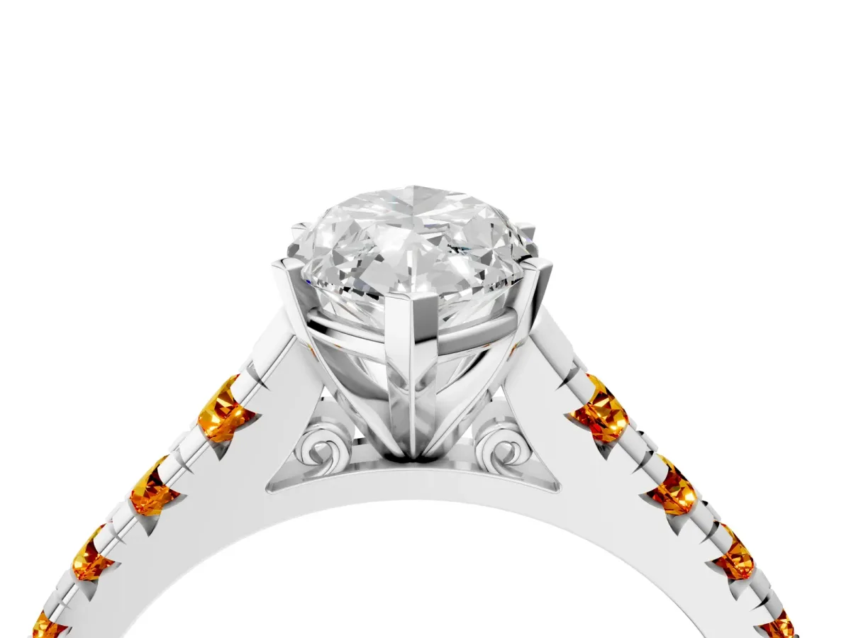 Marquise Cut Diamond Cathedral Solitaire Ring with Round Citrine Pavé Band Silver