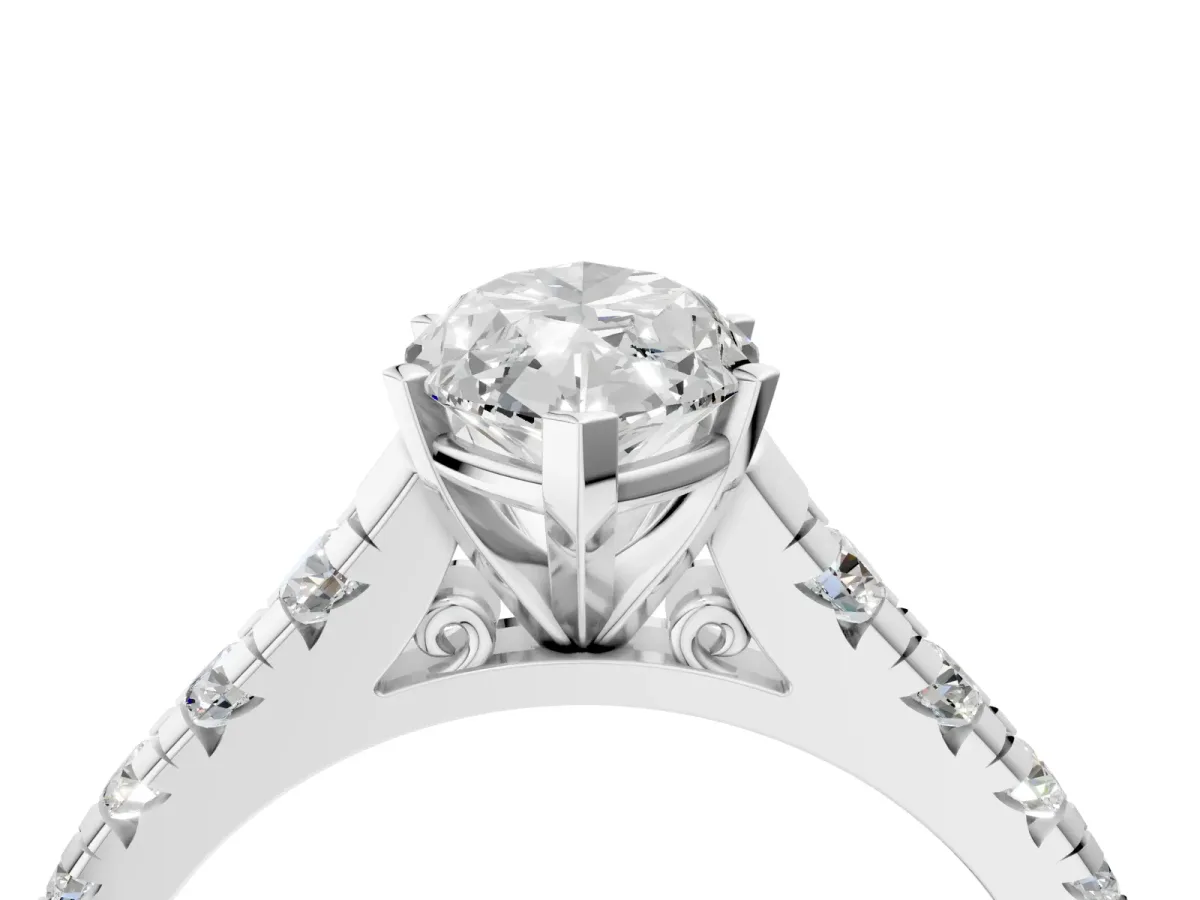 Marquise Cut Diamond Cathedral Solitaire Ring with Round Moissanite Pavé Band Platinum