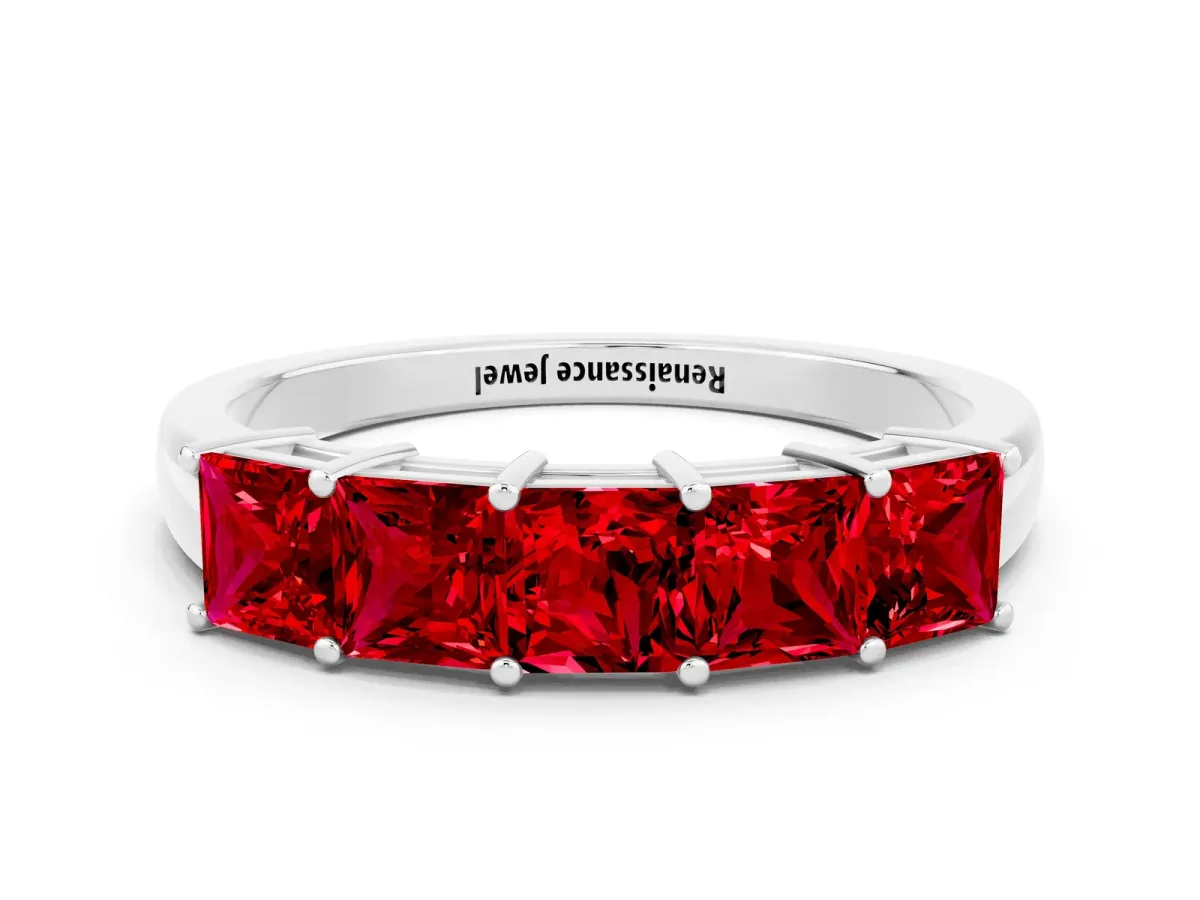 Princess Cut Five-Stone Ruby Band with Prong Setting White gold