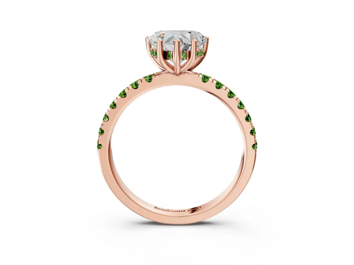 Heart Cut Diamond Pave Band Solitaire Ring with Round Peridot and Prong Setting Rose gold