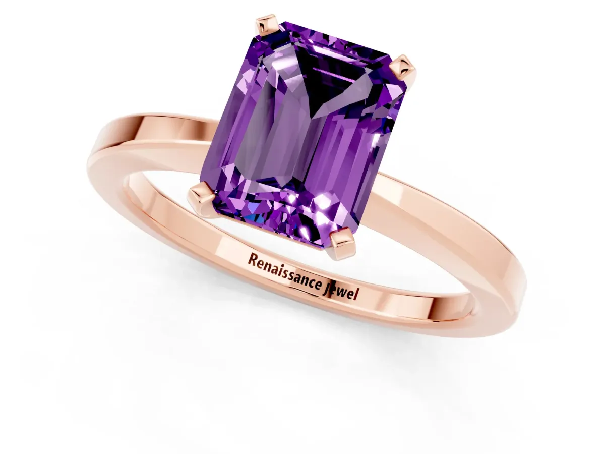 Emerald Cut Amethyst Solitaire Engagement Ring with Classic Band and Four-Prong Setting Rose gold