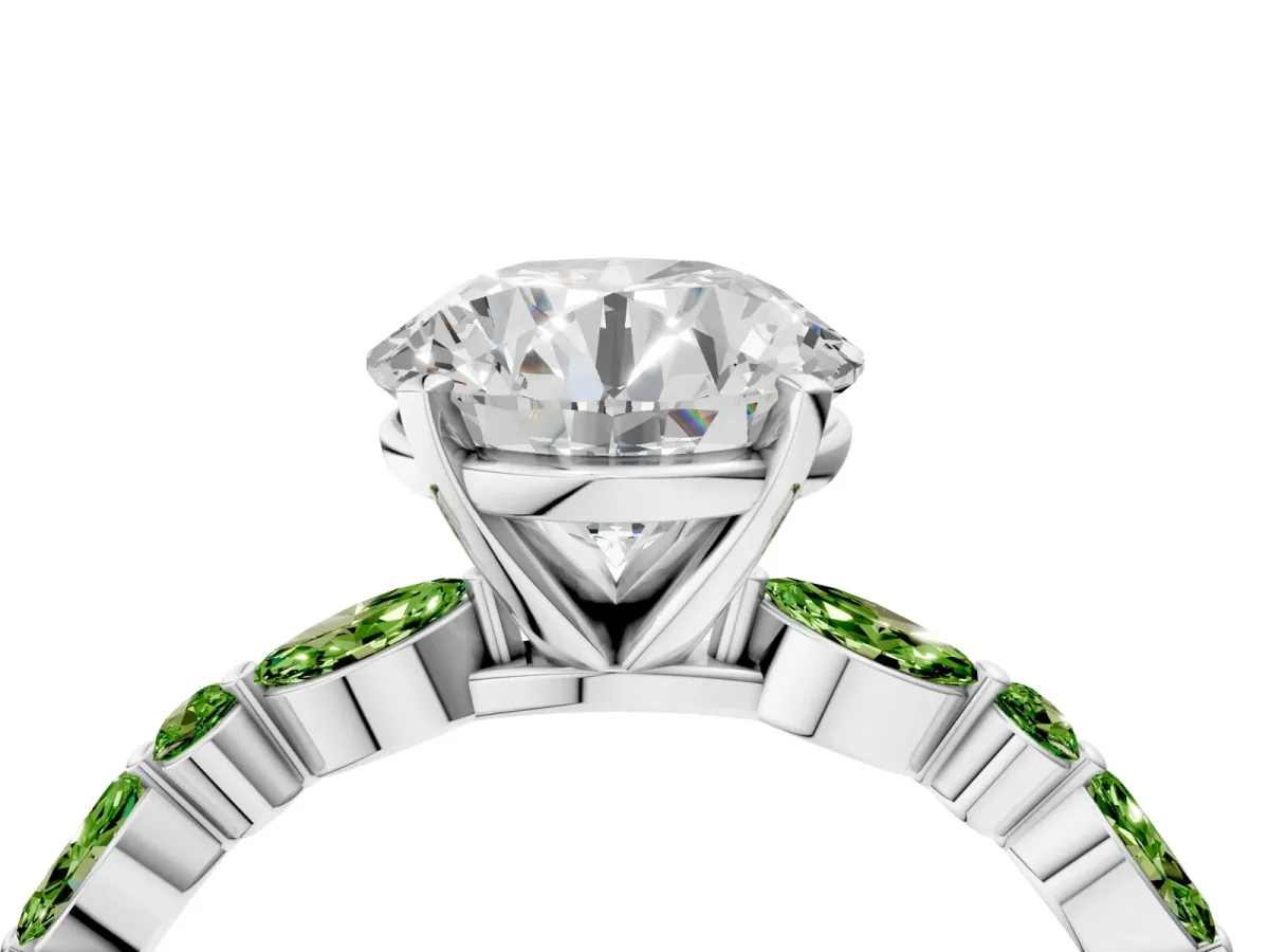 Round Cut Diamond Ring with Marquise and Round Peridot Side Stones and Four-Prong Setting Silver