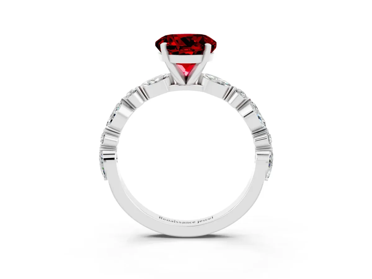 Round Cut Ruby Ring with Marquise and Round Side Stones and Four-Prong Setting Silver