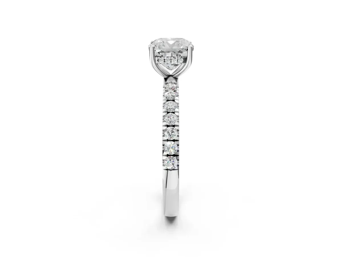 Cushion Cut Diamond Pave Band Solitaire Ring with Round Moissanite and Prong Setting Platinum