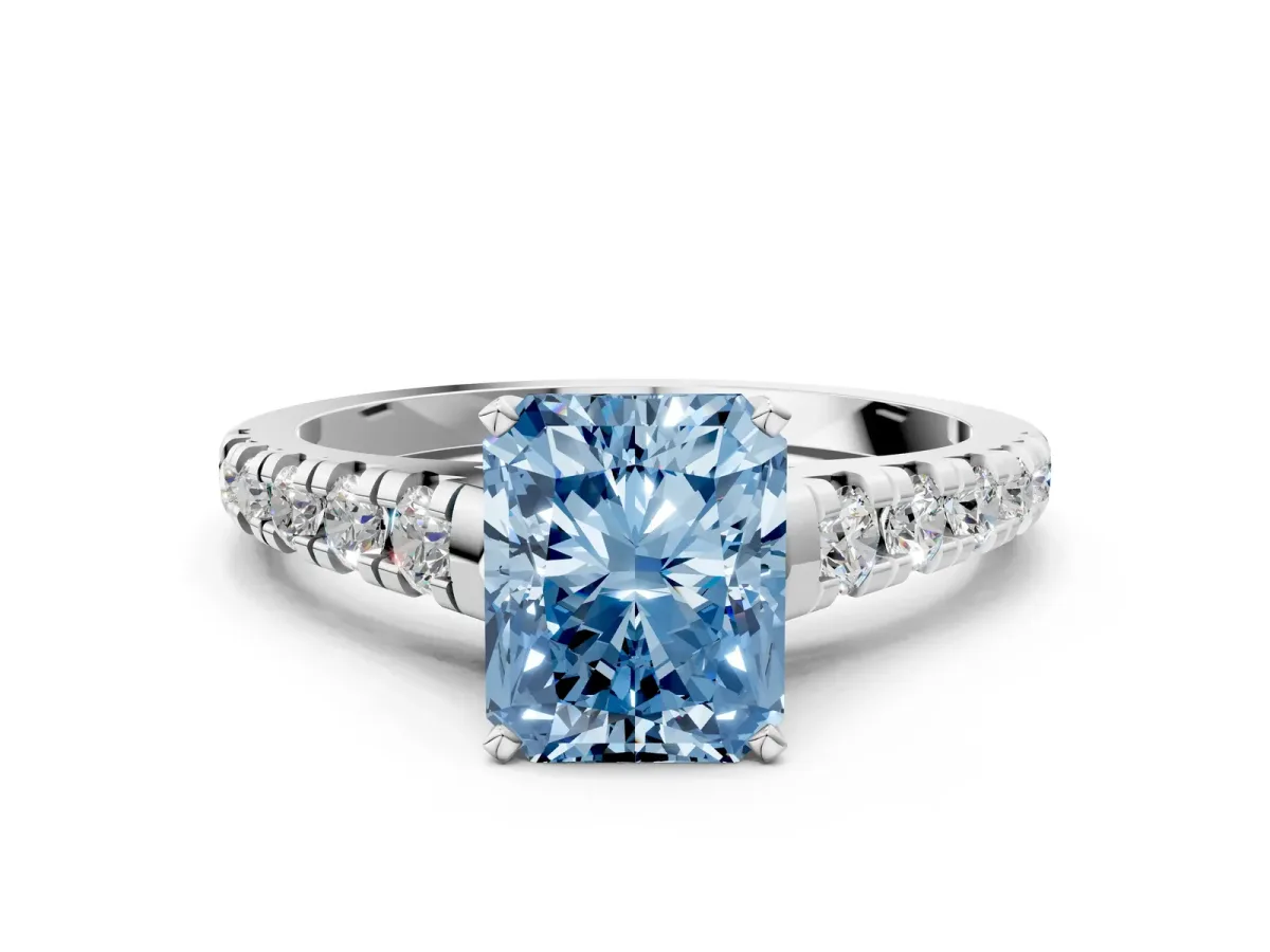 Fancy Blue Radiant Cut Diamond Cathedral Solitaire Ring with Round Pavé Band Silver