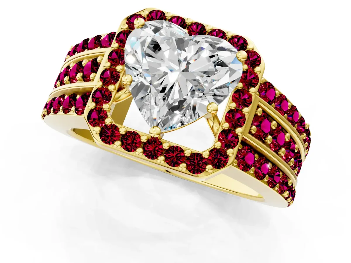 Heart Cut Halo Diamond Ring with Round Garnet Split Shank and Prong Setting Yellow gold