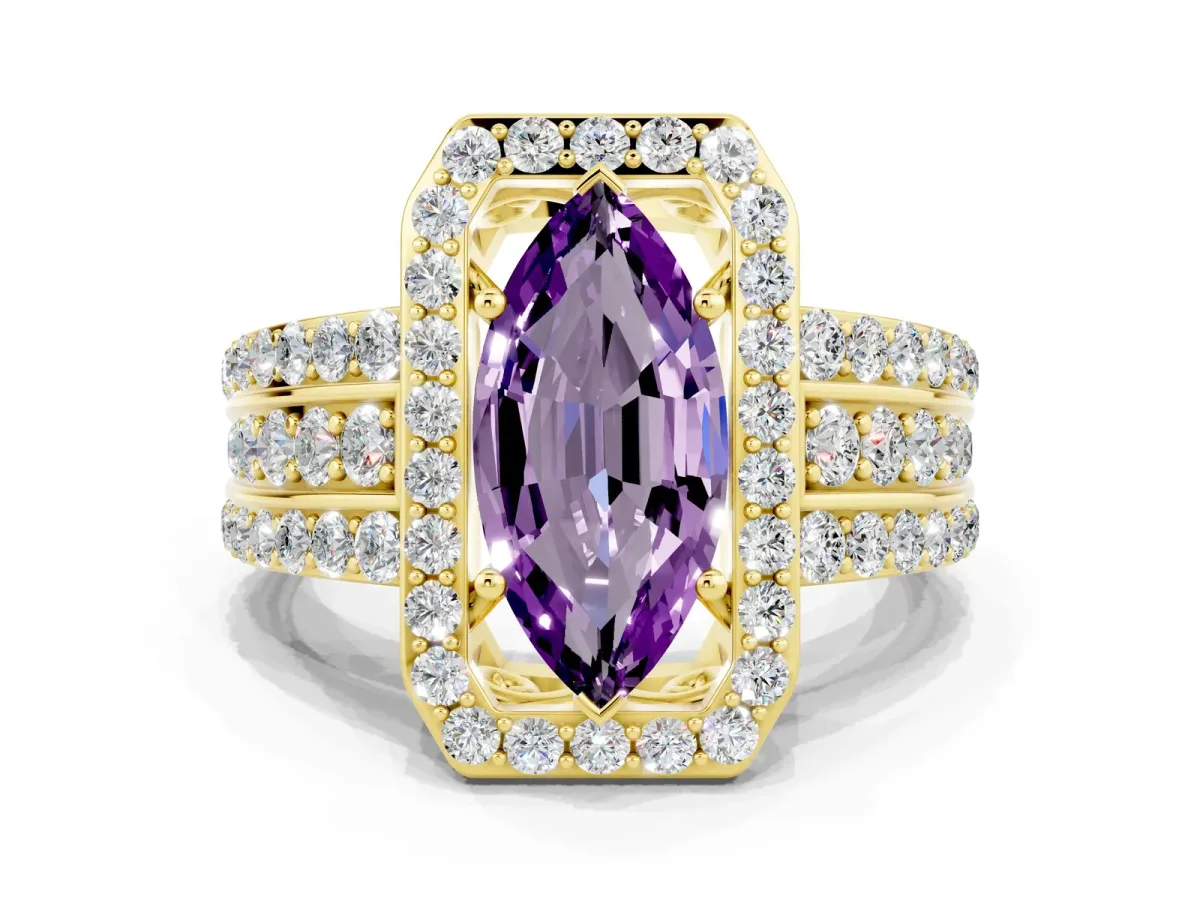 Marquise Cut Halo Amethyst Ring with Round Split Shank and Prong Setting Yellow gold