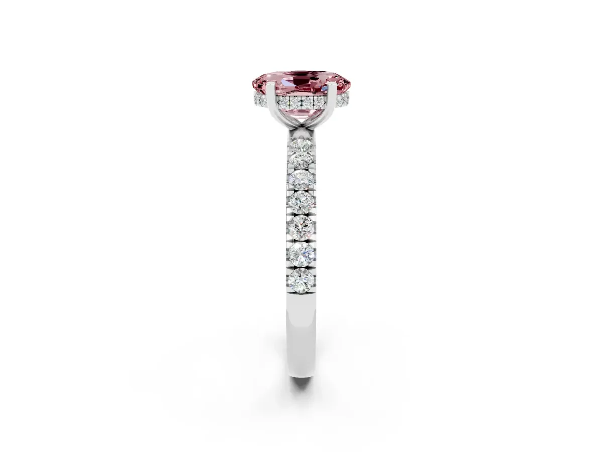 Oval Cut Morganite Pave Band Solitaire Ring with Round and Prong Setting Platinum