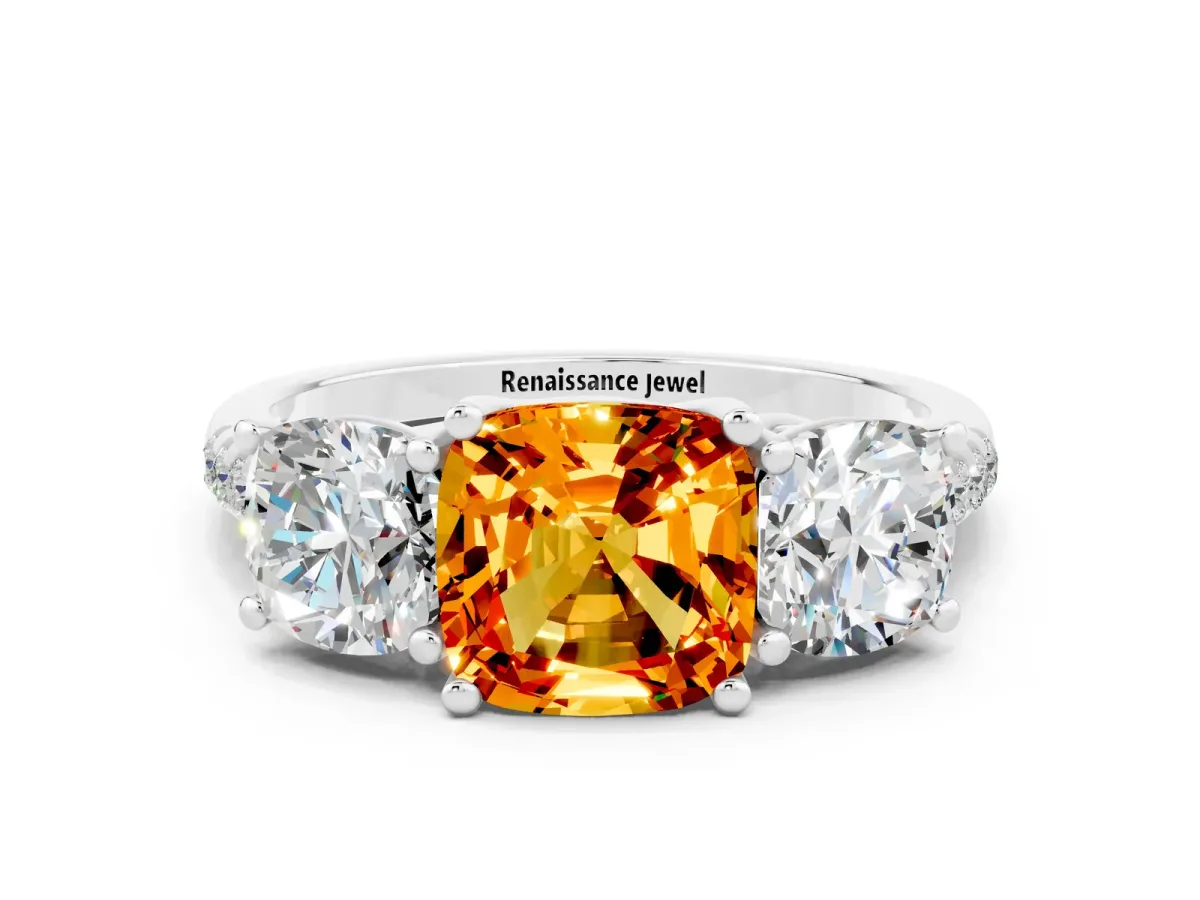 Three-Stone Cushion Cut Citrine Ring with Round Pavé Band and Prong Setting Silver