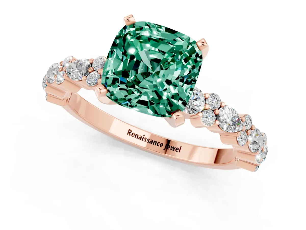 Cushion Cut Green Sapphire Side Stone Solitaire Ring with Round and Four-Prong Setting Rose gold